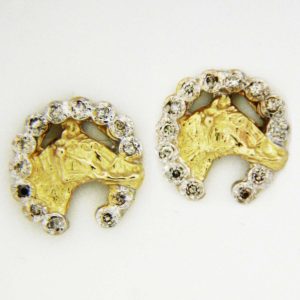 Yellow Gold Horse with Diamond Horseshoe Custom Earrings